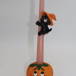 1988 Vintage Lefton Pumpkin Candle Holder w/ Black Cat Hugger